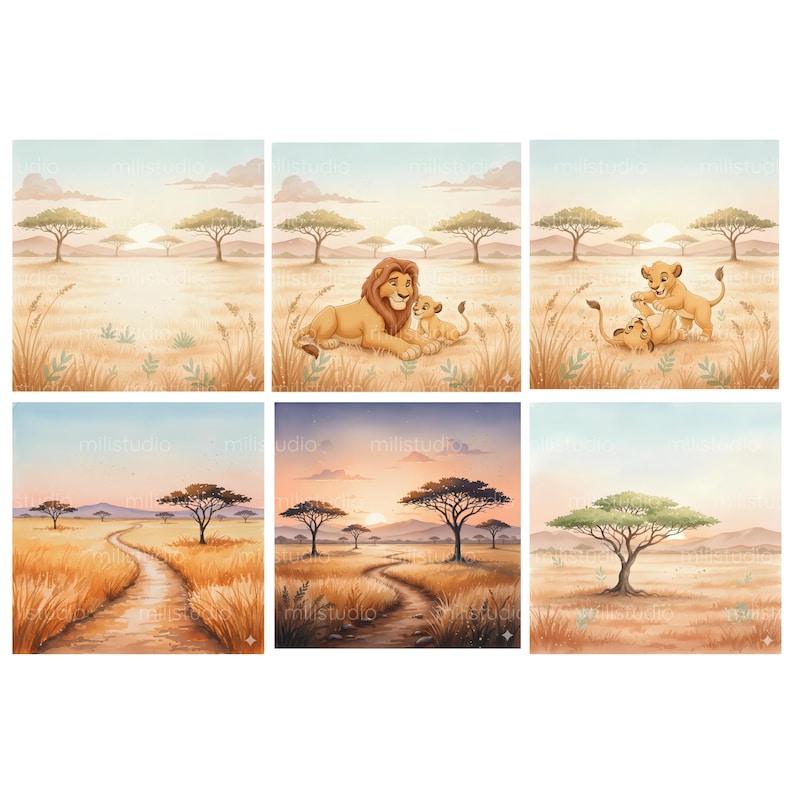 May include: A set of six watercolor prints depicting scenes from the African savanna. The prints feature lions, lion cubs, trees, and pathways in a warm color palette of yellows, oranges, and browns, with a soft blue sky.