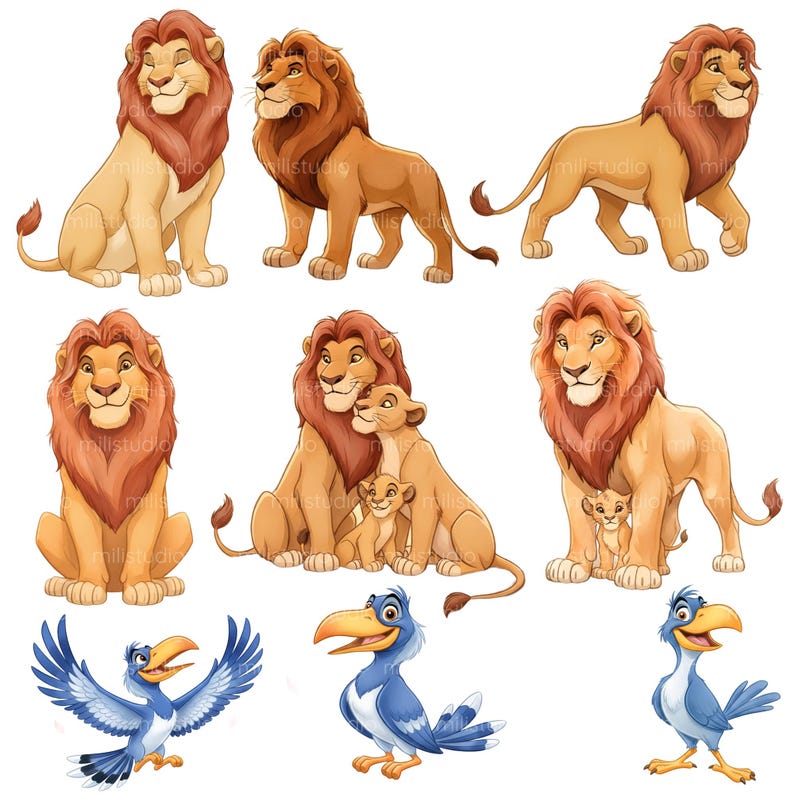 May include: A collection of cartoon illustrations featuring lions and a blue bird. The lions are depicted in various poses, including sitting, standing, and interacting with each other. The bird has blue feathers and a yellow beak.