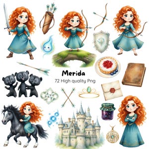 May include: A collection of watercolor illustrations featuring a red-haired princess in a blue dress, along with a castle, bears, a horse, and other themed elements. The text "Merida" and "72 High quality Png" are also included.