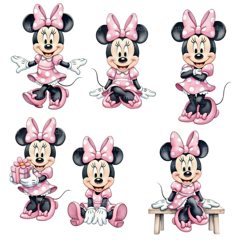 K&ouml;nnte beinhalten: Sechs Illustrationen von Minnie Mouse in verschiedenen Posen. Jede Figur tr&auml;gt ein rosa Kleid mit wei&szlig;en Punkten, eine passende Schleife und rosa Schuhe. Die Illustrationen sind vor einem wei&szlig;en Hintergrund. Das Thema ist eine Zeichentrickfigur.