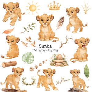 Könnte beinhalten: Eine Sammlung digitaler Illustrationen mit Löwenjungen in verschiedenen Posen, einer Sonne, einer Krone, einer Feder, Blättern, einem Baumstamm, Steinen und Pfotenabdrücken. Der Text lautet Simba 55 High quality Png. Diese Grafiken zeigen junge Löwen.