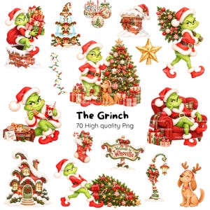 Puede incluir: Una colección de ilustraciones digitales con un personaje verde con traje de Papá Noel rojo, un perro, árboles de Navidad, regalos, adornos, una chimenea, una farola, un calcetín y el texto The Grinch 70 High quality Png.