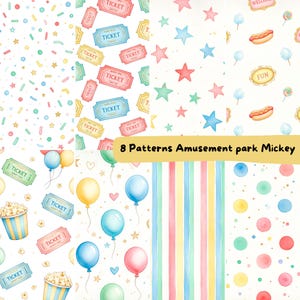 Puede incluir: Ocho patrones coloridos con temas de parque de atracciones. Los dise&ntilde;os incluyen boletos, estrellas, globos, palomitas de ma&iacute;z, perritos calientes y dulces. El texto "8 Patterns Amusement park Mickey" es visible.