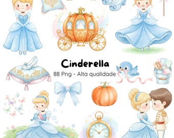 Cinderella Watercolor Digital Kit, Baby Cinderella Clipart, Cute Cinderella Watercolor Clipart