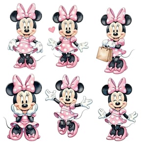 K&ouml;nnte beinhalten: Sechs Illustrationen von Minnie Mouse in verschiedenen Posen. Jede Figur tr&auml;gt ein rosa Kleid mit wei&szlig;en Punkten, eine passende Schleife und rosa Schuhe. Die Illustrationen sind vor einem wei&szlig;en Hintergrund.