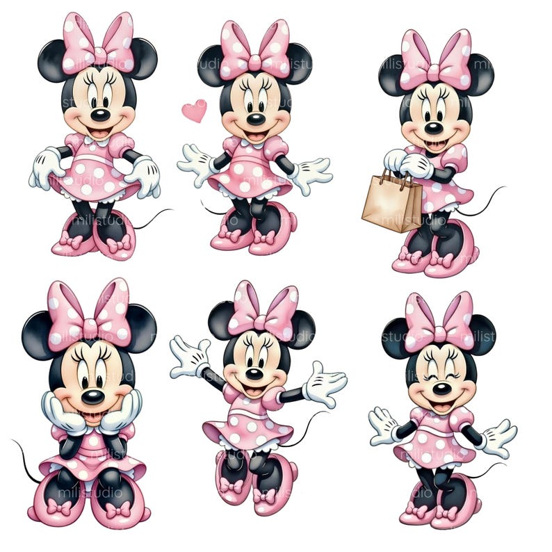 K&ouml;nnte beinhalten: Sechs Illustrationen von Minnie Mouse in verschiedenen Posen. Jede Figur tr&auml;gt ein rosa Kleid mit wei&szlig;en Punkten, eine passende Schleife und rosa Schuhe. Die Illustrationen sind vor einem wei&szlig;en Hintergrund.