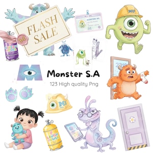 Puede incluir: Una colección de ilustraciones digitales coloridas con personajes y elementos de la película animada "Monstruos S.A.". Incluye el texto "Monster S.A" y "123 High quality Png". La imagen también incluye el texto "FLASH SALE".