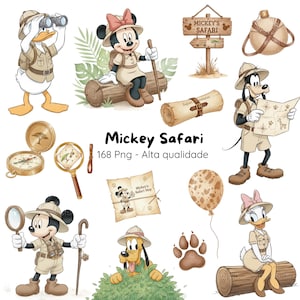 Puede incluir: Ilustraciones en acuarela de personajes de Disney con atuendos de safari. Pato Donald con binoculares, Mickey Mouse sentado en un tronco y Goofy estudiando un mapa. Incluye brújula, lupa y un letrero que dice "Mickey's Safari".