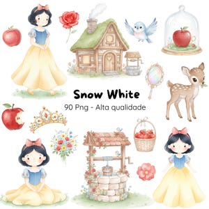 白雪姫水彩デジタルキット、かわいい白雪姫水彩画、白雪姫クリップアート、プリンセス白雪姫水彩画バンドル