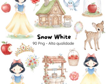 Snow White Watercolor Digital Kit, Cute Snow White Watercolor, Snow White Clipart, Princess Snow White Watercolor Bundle
