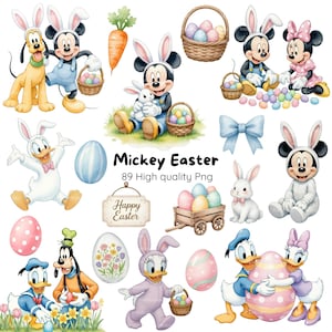 May include: Watercolor illustrations of Disney characters dressed as Easter bunnies, including Mickey Mouse, Minnie Mouse, Donald Duck, and Daisy Duck. The image includes Easter eggs, baskets, and a sign that says "Happy Easter".