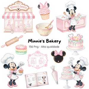 Può includere: Illustrazione ad acquerello della panetteria di Minnie, con Minnie Mouse. L'immagine include una panetteria, cupcakes, torte e un mattarello. Il testo "Minnie's Bakery" è ben visibile. La tavolozza dei colori è rosa chiaro e bianco.