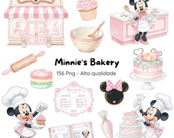Op de afbeelding: Waterverfillustratie van Minnie's Bakery met Minnie Mouse. De afbeelding bevat een bakkerij, cupcakes, taarten en een deegroller. De tekst "Minnie's Bakery" is prominent weergegeven. Het kleurenpalet is zachtroze en wit.