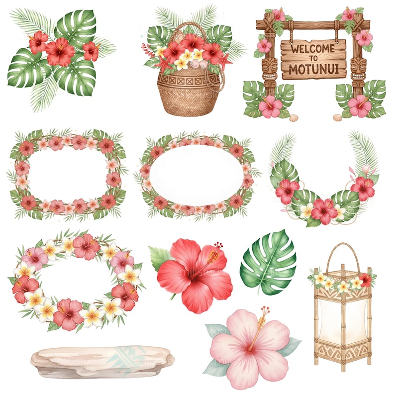 Pu&ograve; includere: Illustrazioni ad acquerello di fiori e fogliame tropicali. Include ibisco rosso, foglie di monstera verdi e ghirlande floreali. Un cesto intrecciato &egrave; pieno di fiori. Un cartello di legno recita "Welcome to Motunui".