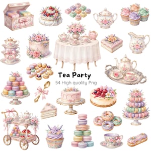 Paquete de imágenes prediseñadas PNG para fiesta de té • 54 elementos de acuarela • Celebración de la hora del té • Decoración floral para fiestas