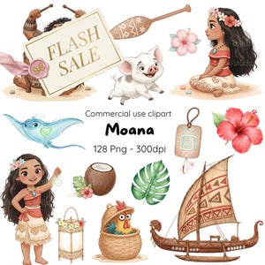 Może przedstawiać: Akwarelowa grafika clipart z postaciami i elementami z filmu animowanego "Moana". Zawiera świnię, łódź, kwiaty, kokos i znak z napisem "FLASH SALE". Widoczny jest również tekst "Moana" i "Commercial use clipart".
