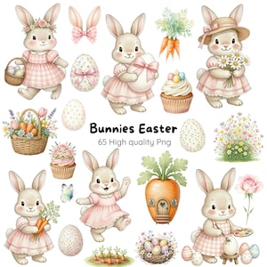 May include: Watercolor illustrations of Easter bunnies in pink dresses, holding eggs, carrots, and flowers. The image includes Easter eggs, cupcakes, and a carrot house. Text reads "Bunnies Easter 65 High quality Png."