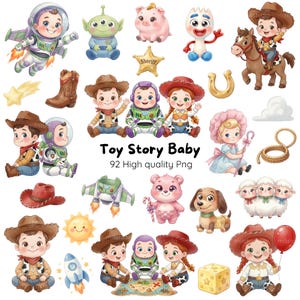 May include: A collection of digital illustrations featuring baby versions of characters from Toy Story, including cowboys, space rangers, a pig, a fork-like toy, a dog, and sheep, with the text Toy Story Baby 92 High quality Png.
