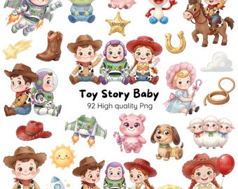 Toy Story Baby Clipart Bundle PNG • 92 Watercolor Elements • Baby Birthday Party • Toy Theme Decor, Baby Toy Clipart PNG