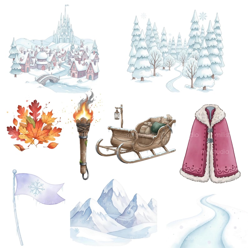 May include: Watercolor illustrations of winter and autumn scenes. Includes a snow-covered village with a castle, a forest path, a torch with flames, a sleigh, a red cloak, a flag with a snowflake, autumn leaves, and snow-covered mountains.