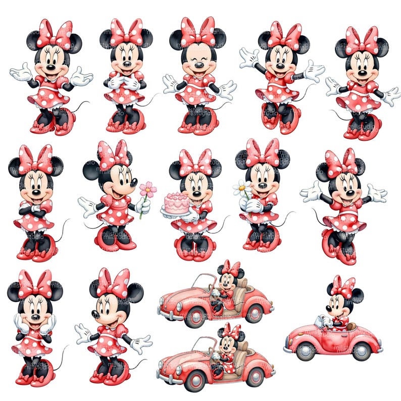 Minnie Maus Aquarell-Cliparts • Niedliches digitales Set • Über 80 Elemente • 300 DPI PNG, Minnie Aquarell-Paket • Zartrosa Pastell • Kinderparty-Thema Bild 5
