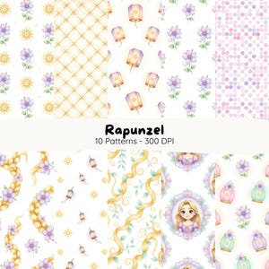 Peut inclure: Dix motifs numériques sur le thème de Raiponce, avec des fleurs, des lanternes et les cheveux de Raiponce dans un style aquarelle. Le texte "Rapunzel 10 Patterns - 300 DPI" est affiché dans l'image.