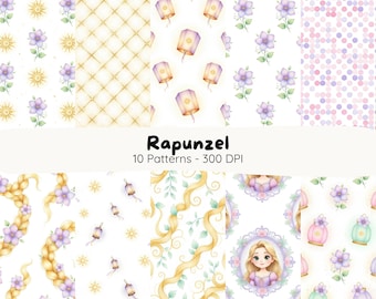 May include: Ten digital patterns with a Rapunzel theme, featuring flowers, lanterns, and Rapunzel's hair in a watercolour style. The image includes the text "Rapunzel 10 Patterns - 300 DPI".