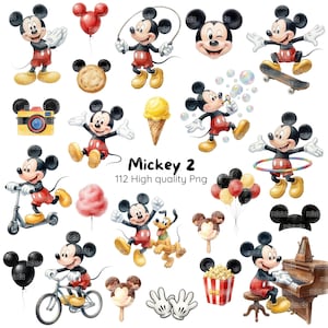 Peut inclure: Une collection d'illustrations de Mickey Mouse montrant le personnage dans diverses activités comme le skateboard, le vélo et le piano, avec des icônes dont des ballons, des glaces, un appareil photo et le texte Mickey 2 112 High quality Png.