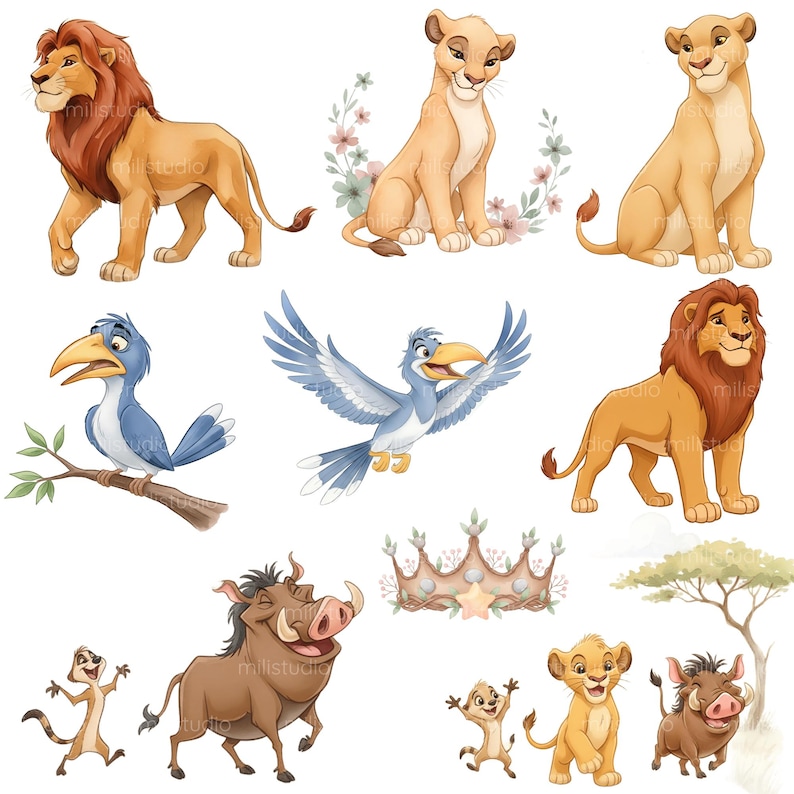Rei Leão Aquarela Infantil, Kit Digital, Simba e Amigos,Tema Safari, Rei Leão Baby • Kit Digital em Aquarela • Clipart Infantil image 6