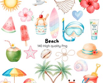 May include: Watercolor illustration of beach-themed items, including a sun, seagull, hibiscus flower, ice cream, surfboard, snorkel, sunscreen, hat, coconut, starfish, seashell, palm trees, crab, beach ball, and umbrella. The text "Beach" and "140 High quality Png" are also present.