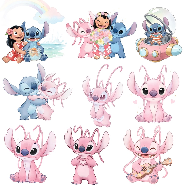 May include: A collection of cartoon illustrations featuring the characters Stitch and Angel from Lilo & Stitch. The images include Stitch with Lilo, Angel, and Stitch in various poses, including hugging, holding flowers, and playing a ukulele.