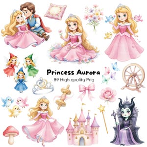 May include: A collection of watercolour illustrations featuring Princess Aurora and fairytale elements. The image includes a princess, prince, fairies, a castle, and other related objects. The text "Princess Aurora" and "89 High quality Png" is also included.