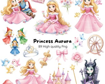 Cute Princess Aurora Watercolor • High Resolution PNG Bundle, Sleeping Beauty Princess Clipart • Pink & Gold Watercolor Collection