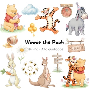 May include: A collection of watercolour illustrations featuring Winnie the Pooh characters such as Pooh Bear, Piglet, Tigger, and Eeyore. The image includes honey, a daisy, and signs that read "Mr. Sanders" and "Pooh's House". The text "Winnie the Pooh" is displayed.