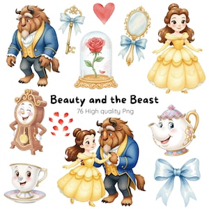 Puede incluir: Colección de ilustraciones de La Bella y la Bestia. Incluye a Bella con un vestido amarillo, la Bestia con un abrigo azul, una rosa en una cúpula de cristal, un espejo, una tetera, una taza, un reloj, una llave y un lazo. También está presente el texto "Beauty and the Beast".