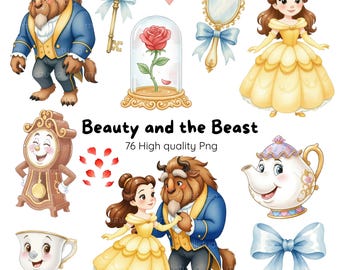 Beauty and the Beast Watercolor Cute Digital Kit • 78 Elements • PNG 300 DPI, Beauty and the Beast Theme Digital Kit • Cute Illustrations