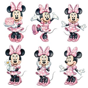 K&ouml;nnte beinhalten: Sechs Illustrationen von Minnie Mouse in verschiedenen Posen. Sie tr&auml;gt ein rosa Kleid mit wei&szlig;en Punkten, eine passende Schleife und rosa Schuhe. Einige Illustrationen zeigen sie mit einem Kuchen oder einer Blume. Farbenfroh.