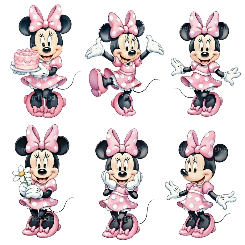 K&ouml;nnte beinhalten: Sechs Illustrationen von Minnie Mouse in verschiedenen Posen. Sie tr&auml;gt ein rosa Kleid mit wei&szlig;en Punkten, eine passende Schleife und rosa Schuhe. Einige Illustrationen zeigen sie mit einem Kuchen oder einer Blume. Farbenfroh.