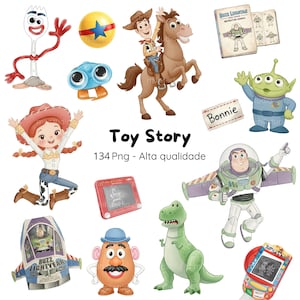 Puede incluir: Una colección de ilustraciones en acuarela con personajes de la película "Toy Story". La imagen incluye a Woody, Buzz Lightyear, Jessie, Rex, Sr. Potato y otros elementos reconocibles como el Etch-A-Sketch y un pequeño extraterrestre verde.