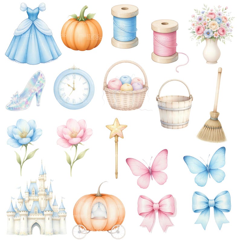 Cinderella Princess Clipart • Blue & Silver Watercolor Collection, Cute ...