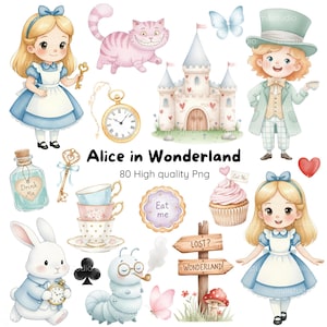 Könnte beinhalten: Aquarellillustrationen von Alice im Wunderland-Charakteren und -Elementen. Enthält Alice, die Grinsekatze, den Hutmacher, ein weißes Kaninchen, eine Raupe, ein Schloss, eine Taschenuhr und andere thematische Objekte. Der Text "Alice in Wonderland" ist sichtbar.