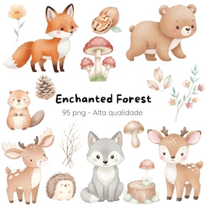 Clipart de Bosque Encantado Lindo, Acuarela Mágica del Bosque, Kit de Bosque Encantado Lindo, Bosque Encantado Infantil