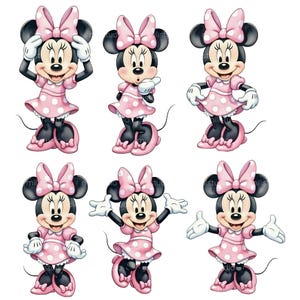 K&ouml;nnte beinhalten: Sechs Darstellungen von Minnie Mouse in verschiedenen Posen. Minnie Mouse wird mit schwarzen Ohren, einer rosa Schleife und einem rosa Kleid mit wei&szlig;en Punkten dargestellt. Ihre Schuhe und Handschuhe sind wei&szlig;. Der Hintergrund ist wei&szlig;.