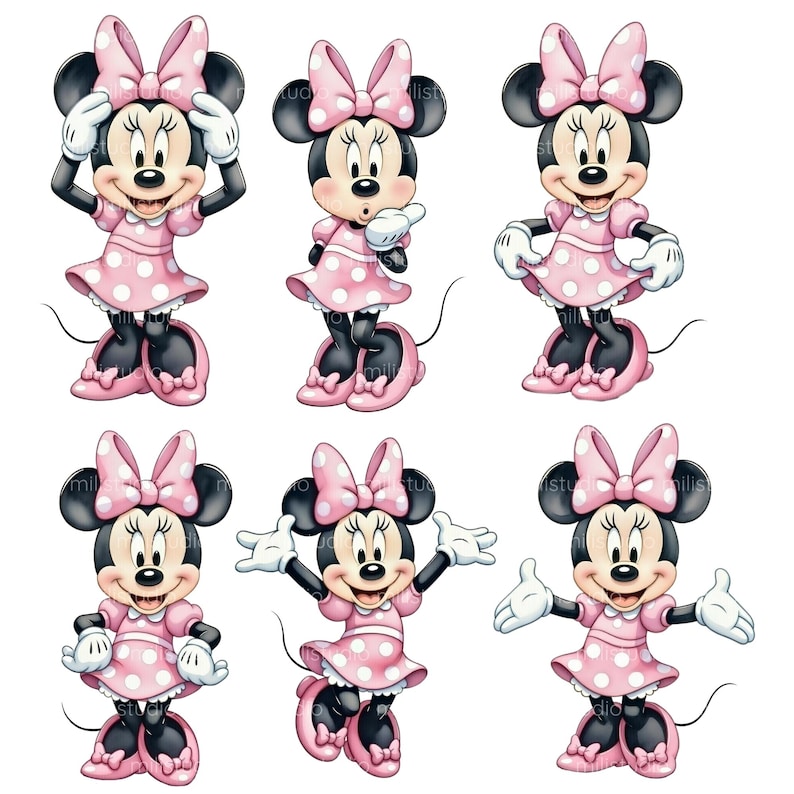 K&ouml;nnte beinhalten: Sechs Darstellungen von Minnie Mouse in verschiedenen Posen. Minnie Mouse wird mit schwarzen Ohren, einer rosa Schleife und einem rosa Kleid mit wei&szlig;en Punkten dargestellt. Ihre Schuhe und Handschuhe sind wei&szlig;. Der Hintergrund ist wei&szlig;.