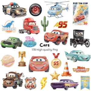 Pode incluir: Uma coleção de ilustrações digitais com personagens e ícones da franquia Carros, incluindo vários veículos antropomórficos, um helicóptero, um cacto, placas de trânsito, um troféu, uma medalha, um cone de trânsito e uma estrela.