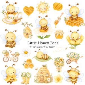 Peut inclure: Une collection d'illustrations numériques représentant des abeilles, des ruches, des rayons de miel, des marguerites, un vélo, une brouette et une cuillère à miel. Le texte Little Honey Bees 40 High quality PNG / 300DPI est centré.