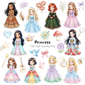 May include: A selection of watercolour illustrations depicting princesses in diverse attire and styles. The image incorporates various accessories, including a crown, a wand, and a guitar. The text "Princess 130 High quality Png" is also present.