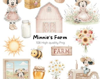 Könnte beinhalten: Aquarell-Illustration mit Minnie Maus auf einem Bauernhof. Das Bild zeigt eine Scheune, einen Heuballen, einen Traktor, ein Honigglas, Blumen und ein Schild mit der Aufschrift "FARM". Der Text "Minnie's Farm" und "108 High quality Png" sind ebenfalls vorhanden.