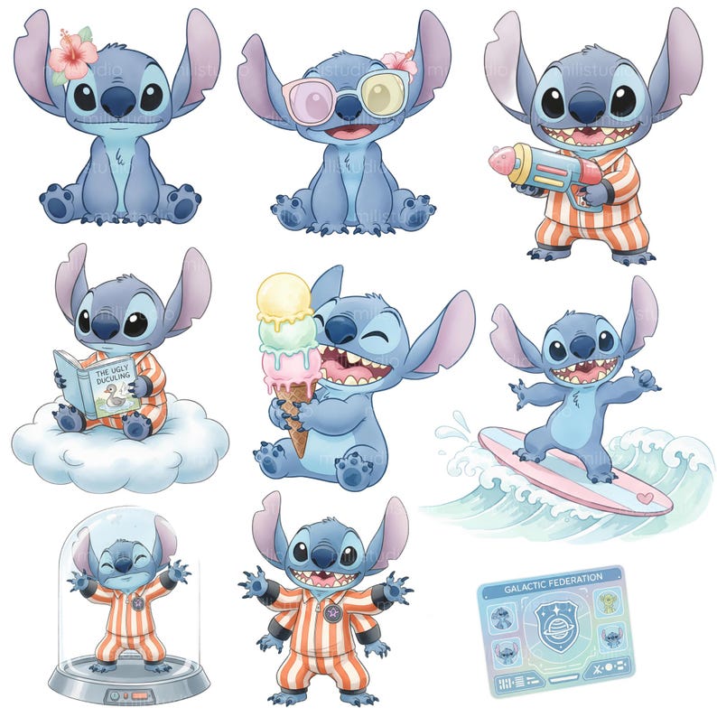 May include: A collection of nine illustrations of the Disney character Stitch in various poses. Stitch is depicted in different outfits and with accessories, including sunglasses, a flower, a water gun, and an ice cream cone. The illustrations are in a cartoon style.