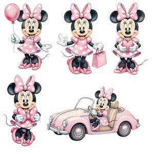 K&ouml;nnte beinhalten: Illustrationen von Minnie Mouse in verschiedenen Posen. Minnie tr&auml;gt ein rosa Kleid mit wei&szlig;en Punkten und eine Schleife. Sie h&auml;lt einen Ballon, eine Einkaufstasche und ein Herz. Ein Bild zeigt Minnie in einem rosa Cabriolet.
